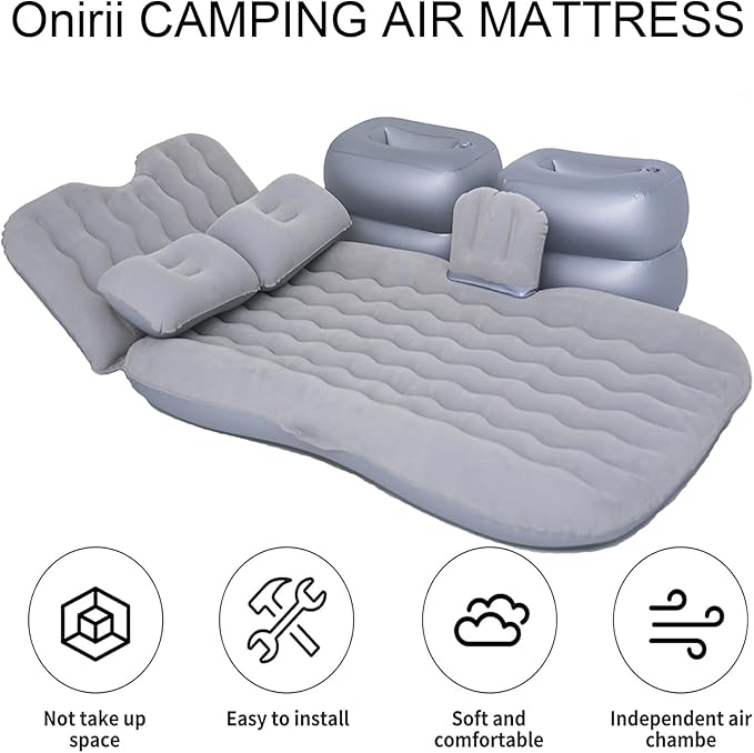 Inflatable Car Air Mattress Back Seat Bed with Air PumpPortable Thickened Car Travel Camping Sleeping Air Mattress Blow Up Bed for Car Universal SUV