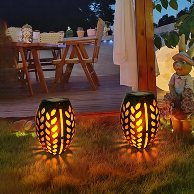 2PCS Solar Table Lanterns with Flickering Flame Light Outdoor Waterproof Metal Desktop Decorative Lamp with Hollow Design for Tabletop Garden 7.3 H Black Leaf