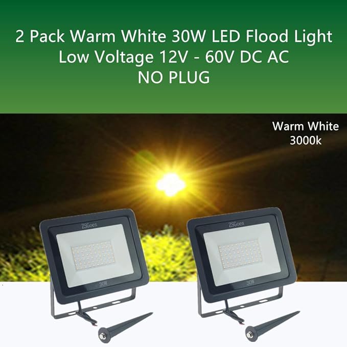 2 Pack Warm White 30W LED Flood Light Outdoor Waterproof IP65 Wall Security Landscape Lamp Home Square Yard Garage Street Pathway Spike Stand Low Voltage 12V 24V 36V 48V 60V DC AC