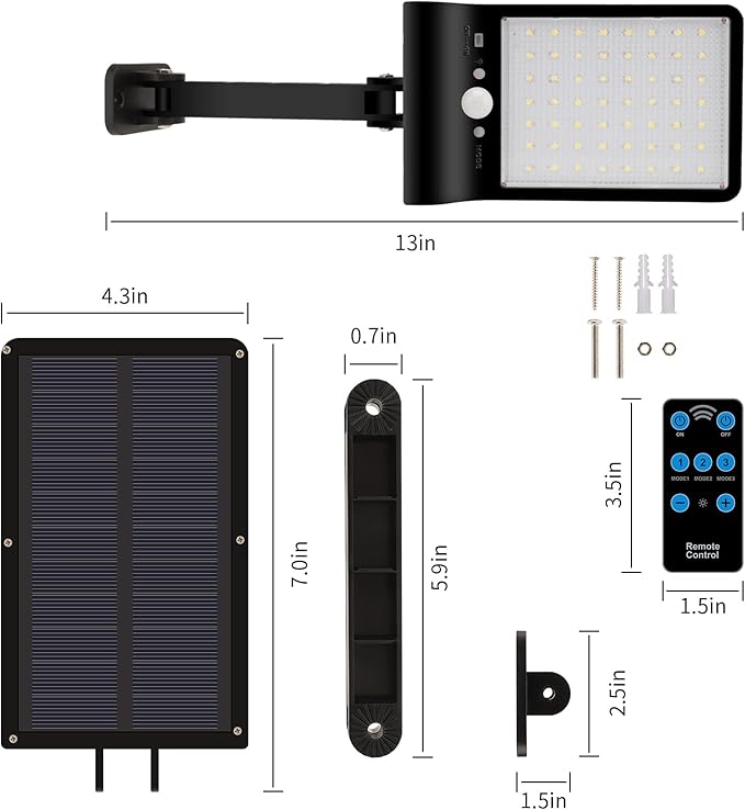 Aqonsie Solar Lights Outdoor with Remote 56LED 180° Adjustable Angle Security Night Light Outside Motion Sensor Remote Control &amp 3 Lighting Modes Solar Lights for Backyard Gutter Courtyard Deck H