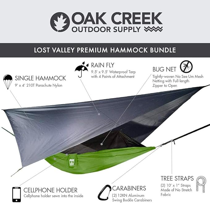 Oak Creek Camping Hammock and Accessories. Complete Package with Mosquito Bug Net Rain Fly Tree Straps. Great for Hiking Backpacking and Travel. Weighs Only 4 Pounds.