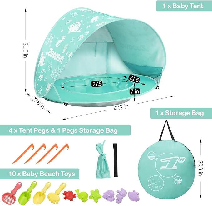 Zooawa Baby Beach Tent Pop Up Beach Tent Sun Shade for Beach Portable Shade Pool UV Protection Sun Shelter for Infant with Beach Sand Toys Set