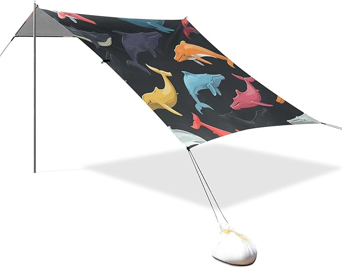 ALAZA Colorful Whale Beach Tent Sun Shelter UPF50+ Protection Beach Shade Canopy w/ 4 Sandbags for Outdoor Camping Fishing Backyard Fun Picnic 10x9 ft