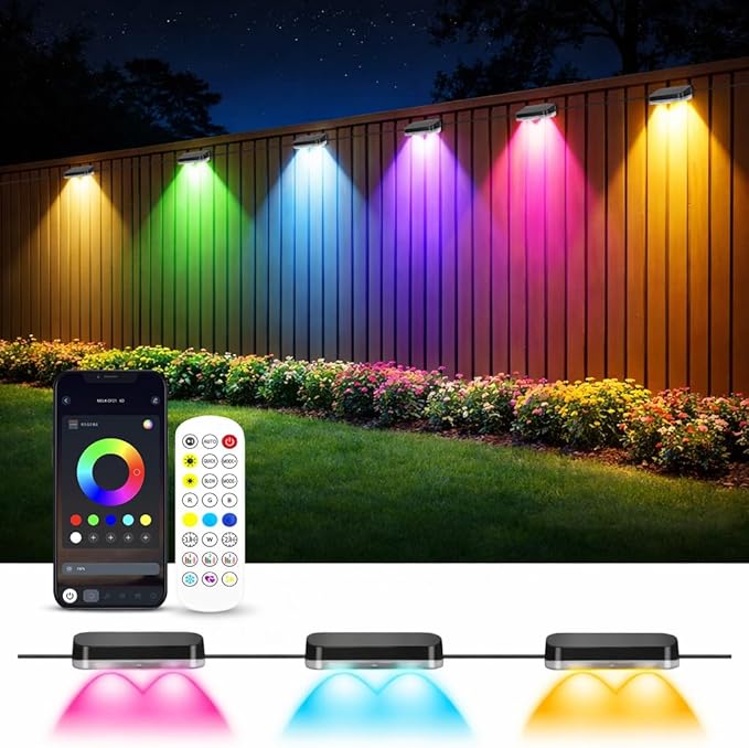 ZAIYW Outdoor Fence Lights 50ft 8 Pack Smart RGB Build in Chip Color Changing Deck Lights with Timer Remote APP Plug in LED String Lights Waterproof for Backyard Garden Patio Decor