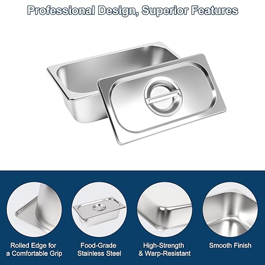 6 Pack 1/3 Size Hotel Pans 4 Inch Deep with Lids Stainless Steel Steam Table Pan with Lids Commercial Food Pans for Hotel Home Restaurant Catering Buffet Pan