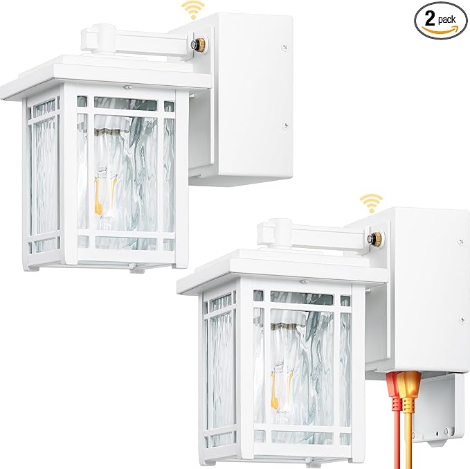 2-Pack Outdoor Wall Light with GFCI Outlet White Dusk to Dawn Exterior Light Fixture Wall Lantern Waterproof Front Porch Lights Wall Mount Modern Outdoor Coach Lights with Water Ripple Glass