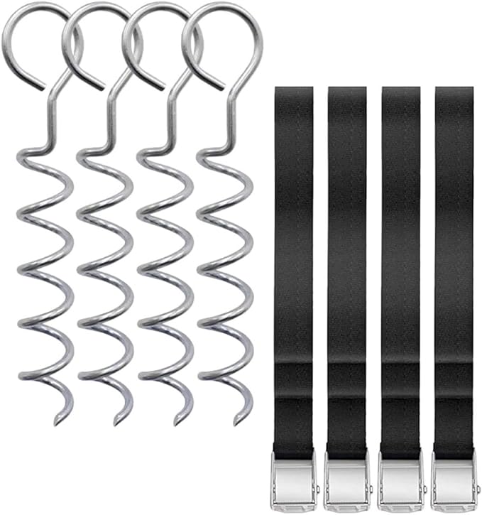 Toyvian Spiral Tent Stakes and Wear-Resistant Metal Ground Anchors with Tie Straps Portable Dog Anchor Kit for Outdoor Camping Garden and Trampoline Securement (4 Stakes + 4 Straps)