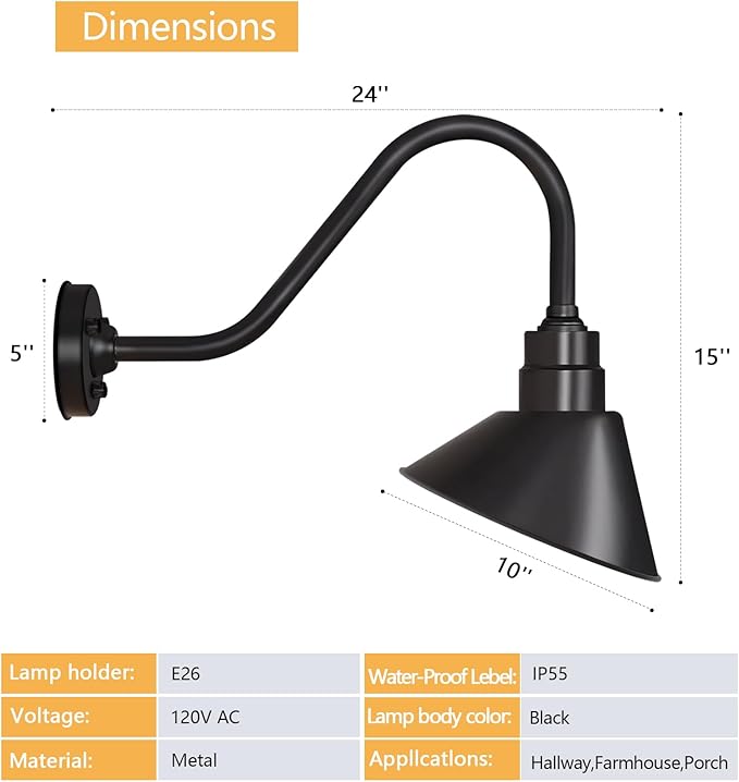 10-Inch Outdoor Gooseneck Barn Light with Extended Arm Design – Perfect for Outdoor Sign Lighting of Restaurants Cafes and Shops 4-Pack