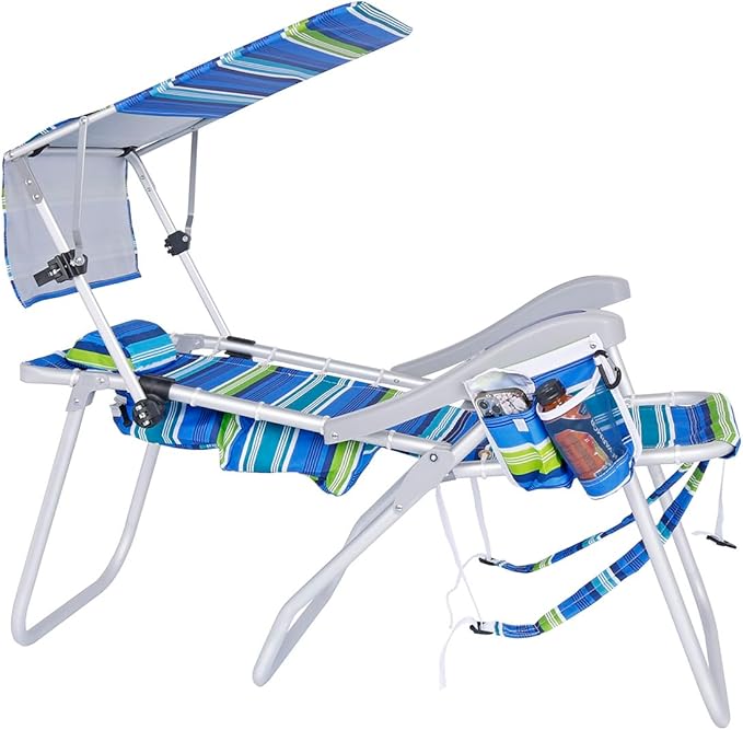 Ultimate Heavy Duty High Seat Aluminum Folding Backpack Beach Chair for Adults | Lay Flat 5 Reclining Positions | Removable Insulated Cooler Pouch &amp Canopy for UV Protection