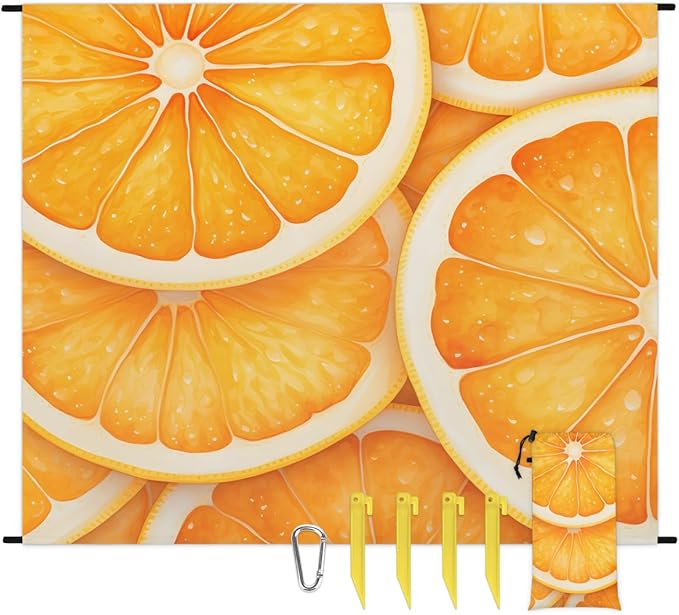 Waterproof Sandproof Beach Blanket 59''×68'' Fruit Polyester Outdoor Picnic Blanket with 4 Stakes &amp Storage Bag for BeachCampingVacation Lemon
