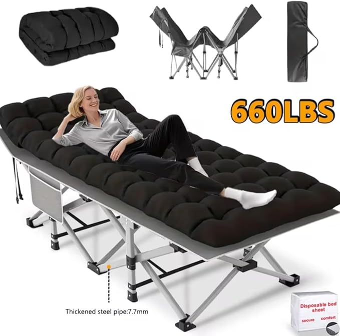 1200D Oxford Canvas Folding Camping Bed Adult Soft Foam Mat and Carrying Bag - Double Deck PortableOutdoor Folding Chair with MattressCamping Equipment (Black-660(with Disposable Sheet))