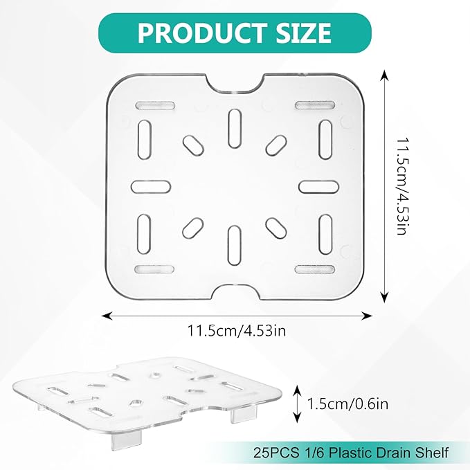 25 PCS Plastic Drain Shelf for 1/6 Size Food Pan Clear Plastic Grate Trays Acrylic Food Drain Pan Trays for Food Fruit Vegetables Sink Teapot Dish Kitchen Restaurant Hotel