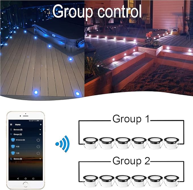 Sumaote LED Deck Lights Kit 20Pcs 1.22 WiFi Smart Phone Control Recessed RGBW Deck Stair Lighting IP67 Waterproof Outdoor Low Voltage Landscape Lighting for Steps Path Pool Side Black