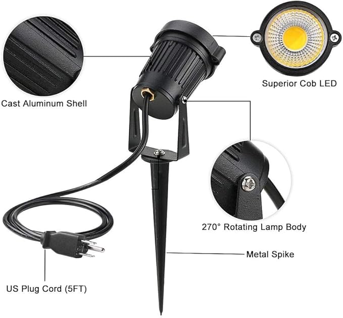 Romwish LED Landscape Spotlights 10W Outdoor Spotlights for Yard 3000K Warm White 120V AC Spot Light with Ground Spike Waterproof Landscape Lighting for House Garden Lawn Decorative (12Pack/10W)
