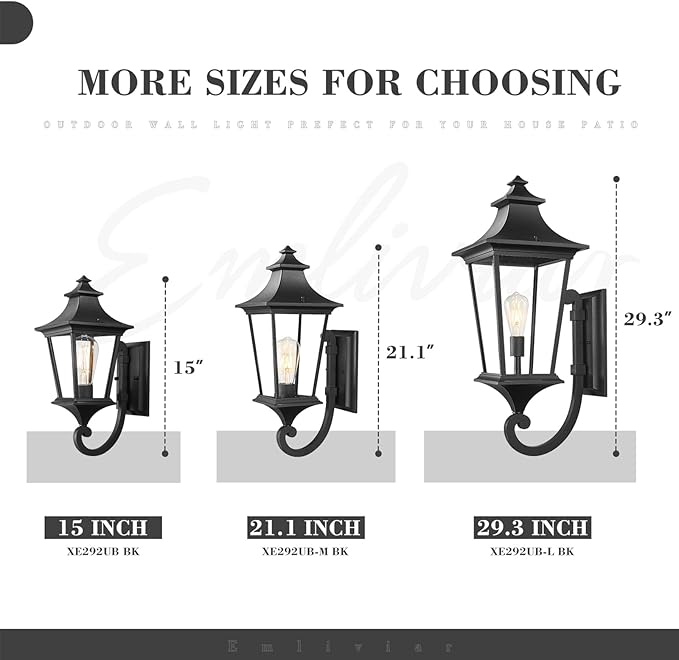 Emliviar 2 Pack Outdoor Sconces Wall Lighting 15 Inch Modern Outdoor Wall Light with Clear Glass Black Finish XE292UB-2PK BK