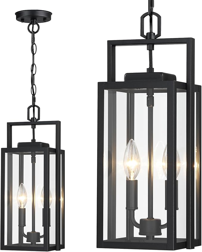 17.8'' Large Outdoor Pendant Light 2-Light Modern Black Metal Outside Chandelier Exterior Hanging Fixture Ceiling Mount with Clear Glass for Front Porch Entrance Entryway 1 Pack
