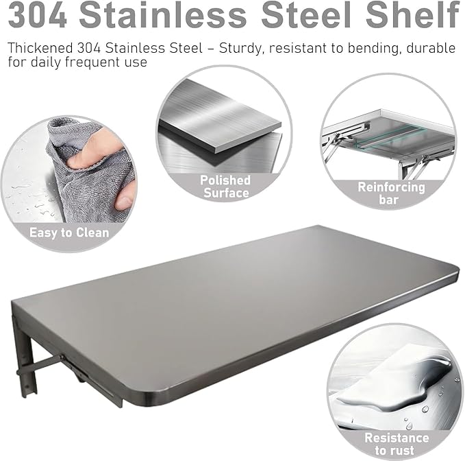 Drop Down Food Service Shelves Stainless Steel Folding Concession Shelf Wall Mounted Food Truck Countertop Extension Shelving for Concession Stands(Silver-W 18in/45cmL 38in/96cm)