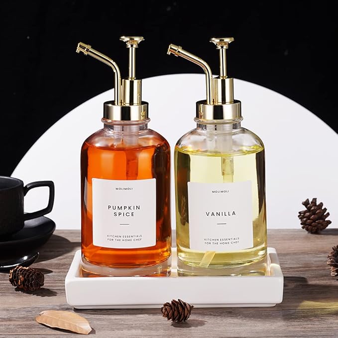 Molimoli Coffee Syrup Dispenser for Coffee Bar with Ceramic Tray Coffee Pump Dispenser 500 ml Set of 2 Gold Upgraded Pump