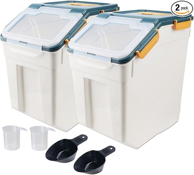 2 Pack Rice Storage Container with Measuring Cup 50 lb Flour Storage Container with Wheels BPA Free Food Storage Container Dog Cat Food Bin Set for Dry Food Sugar Cereal(Blue)