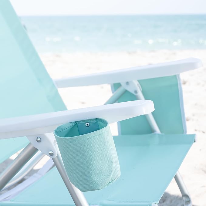 Caribbean Joe Folding Beach Chair 5 Position Lightweight Portable Reclining Outdoor Camping Chair with Headrest Shoulder Strap and Cup Holder Mint