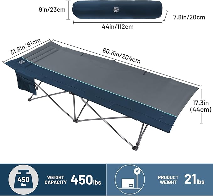 TIMBER RIDGE Extra Wide Heavy Duty Camping Cot for Adult Easy Set Up Oversized Sleeping Cot with Carry Bag for Camping Travel and Outdoors Support up to 450lbs Blue 2 Pack