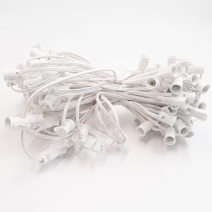 100FT C7 Light String Christmas Stringer E12 Christmas Sockets 12 Spacing C7 Stringer Set Green Outdoor String Light for Wedding Patio Event Lighting Decor White Wire