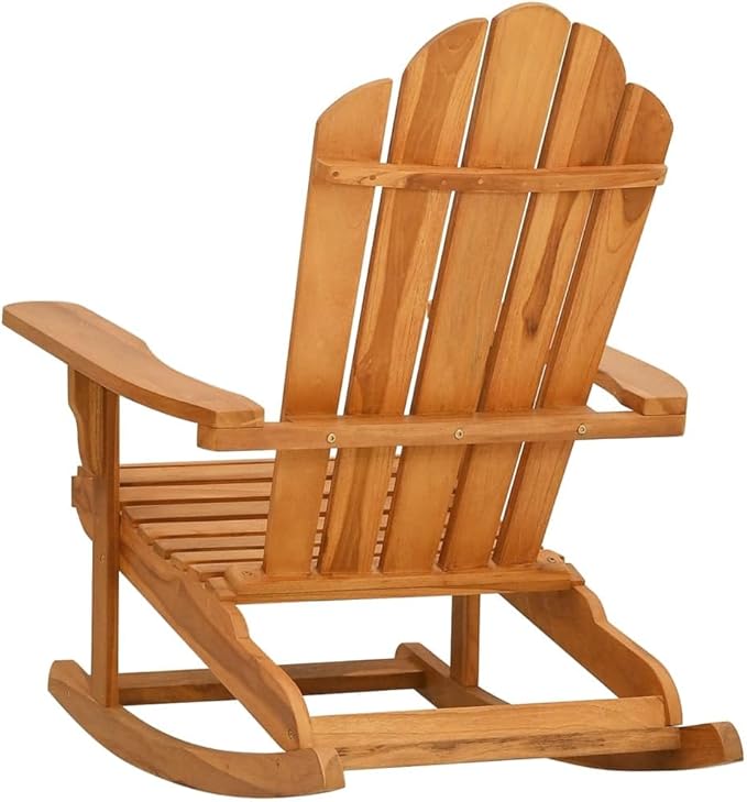 Garden Rocking Adirondack Chair Solid Teak Wood Outdoor Patio Lounge Seating Oiled Finish Medium Size Comfortable High Back 286lb Capacity for Yard Deck Balcony