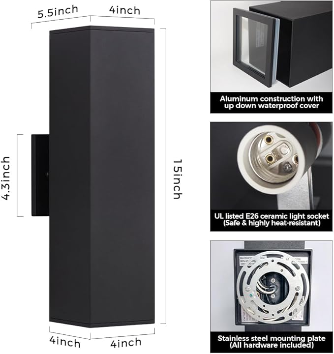 Cerdeco 2 Pack Aluminum Modern Outdoor Wall Light 15 Exterior Up Down Light FixturesBlack Front Door Wall Lighting with E26 Sockets [ETL Listed]