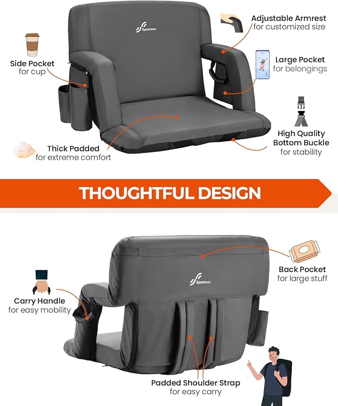 Sportneer Stadium Seats with Back Support: 2.5'' Thick Comfy Cushion 6 Adjustable Angle Bleacher Seat with Armrest - 2 Large Pockets 2 Cup Holders Stadium Chair for Sport Events Concerts Parks