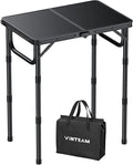 VINTEAM Camping Folding Table with Adjustable Height Lightweight Portable Outdoor Picnic Table BBQ Grill Side Table Durable Aluminum Frame MDF Desktop for Camping Fishing RV Beach (Black)
