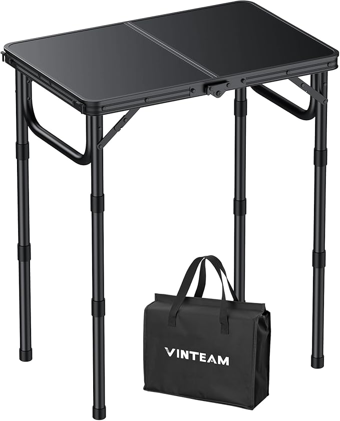 VINTEAM Camping Folding Table with Adjustable Height Lightweight Portable Outdoor Picnic Table BBQ Grill Side Table Durable Aluminum Frame MDF Desktop for Camping Fishing RV Beach (Black)
