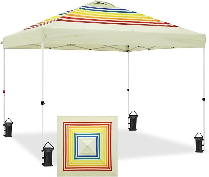 EAGLE PEAK Pop Up Canopy Tent with Wheeled Carry Bag 8 Stakes 4 Ropes 4 Weight Bags Easy Set Up Tent Canopy 10x10 ft 100sqft of Shade Retro Stripe Tan