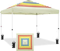 EAGLE PEAK Pop Up Canopy Tent with Wheeled Carry Bag 8 Stakes 4 Ropes 4 Weight Bags Easy Set Up Tent Canopy 10x10 ft 100sqft of Shade Retro Stripe Tan