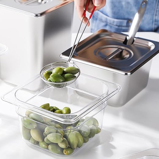 Bekith 6 Pack 1/6 Size Clear Polycarbonate Food Pans with Lids for Kitchen Restaurant Food Prep 4 Inches Deep
