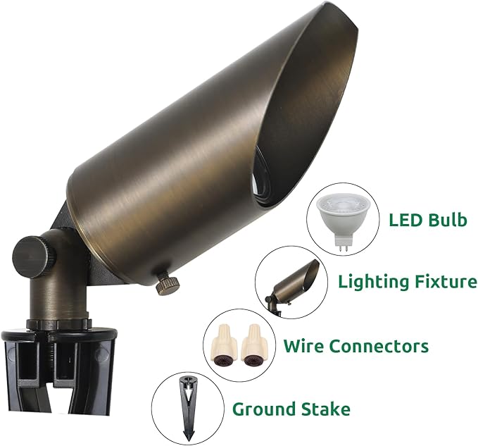 DOSHINE® Solid Brass Landscape LED Spotlights Outdoor Low Voltage Landscape Lighting AC/DC 12V Uplight Accent Light for Tree Garden Yard with Replaceable 5W 3000K Warm White 560LM MR16 Bulb (4-Pack)