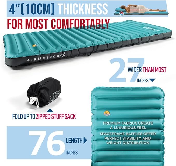 ZOOOBELIVES 3D Wrapping Inflatable Camping Sleeping Pad with Built-in Pump Extra Thick and Wide Ultimate Comfortable Compact Camp Air Mat for Tent Car Traveling and Backpacking - Airlive2000X