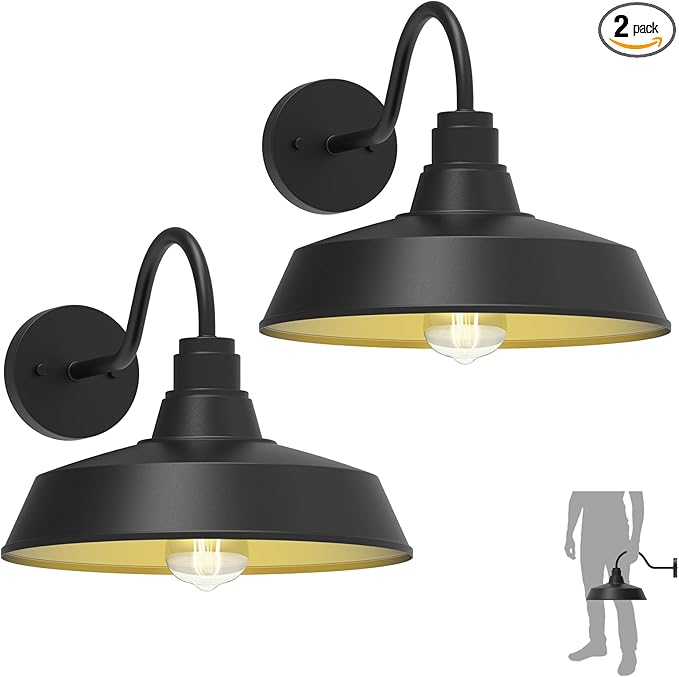 14.5 Dome Gooseneck Barn Light Outdoor Anti-Rust&ampWaterproof Farmhouse Wall Sconce Outdoor Wall Lanterns for Porch/Patio E26 Base 100W Max(Black 2-Pack Exterior Lighting Fixtures)