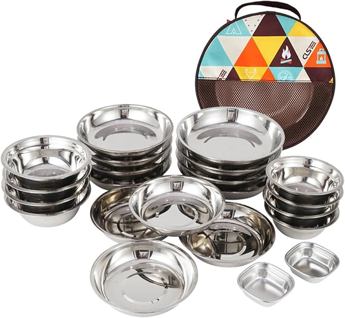 Portable Outdoor Tableware Camping Bowls Plates Stainless Steel Dinnerware for Hiking Bbq Picnic Lightweight Food-grade Material