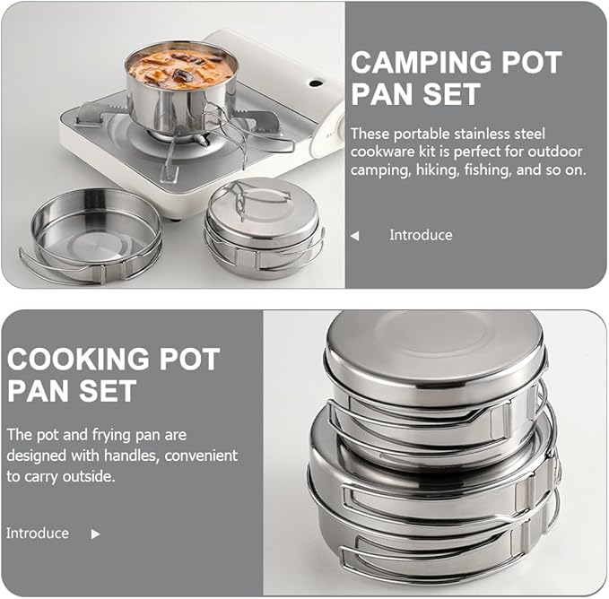 Stainless Steel Camping Cookware Set Portable 4pcs Pot Pan with Foldable Handles Easy-Clean Outdoor Cooking Utensils for Hiking and Backpacking