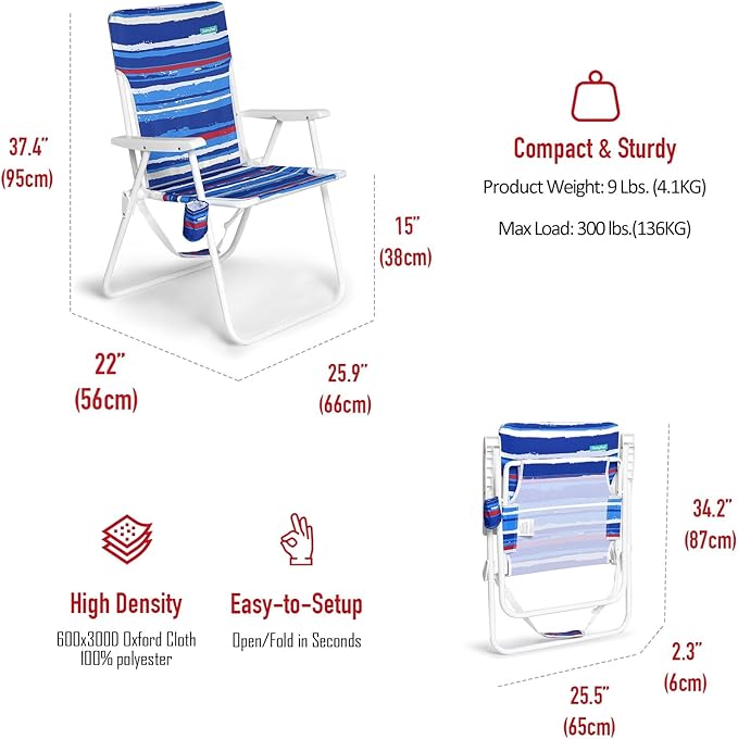 SunnyFeel 15 Tall Folding Beach Chair for Adults 2 Pack Oversized Portable High Seat Sand Chair Heavy Duty 300 LBS Foldable Camping Lawn Chairs for Camp/Outdoor/Travel/Picnic/Concert/Sports