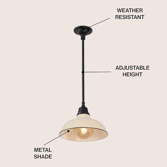 JONATHAN Y 12.25 Matte Almond 1-Light Farmhouse Indoor/Outdoor LED Pendant Iron Hanging Light and Black Metal Shade Rustic Ceiling Lamp for Kitchen Island LED Bulb Included (JYL7611J)