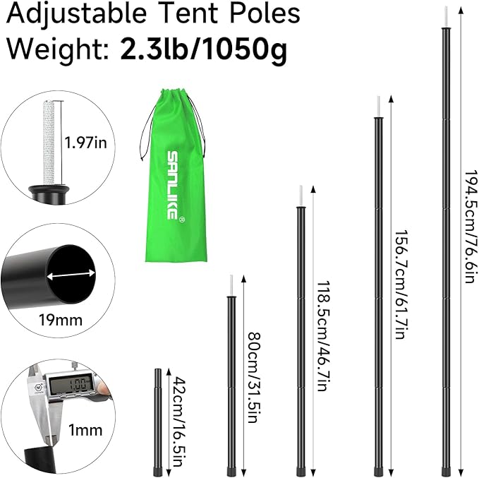 SAN LIKE Iron Camping Tarp Poles 76.6in Telescoping Adjustable Collapsible Tent Poles Canopy Rain Awning Shelter Backpacking Hiking (5 Sections)
