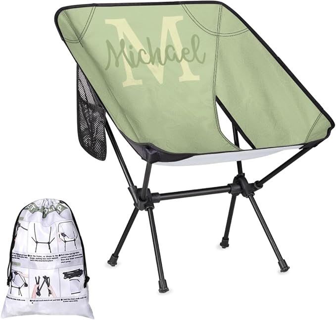 Custom Sage Green Portable Camping Chair Personalized Backpacking Chair with Name Lightweight Foldable Chairs for Hiking Beach