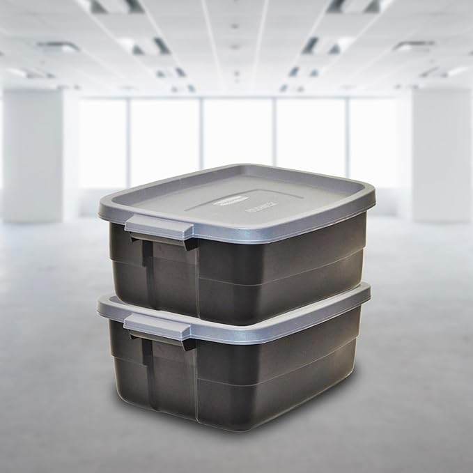 Rubbermaid 6-Pack Totes for Storage with Lids Heavy Duty Plastic Storage Bins with Lids Black Gray 10 GAL - Stackable for Garage Attic Camping (10 GAL - 6 Pack Solid Black and Grey)