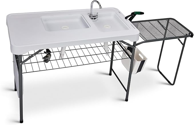 Folding Fish Cleaning Table Portable Camping Sink with Faucet Drainage Hose Portable Camping Sink Station with Drain Hose Trash Can Foldable Outdoor Sink for Camping Fishing BBQ