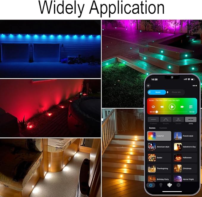 Sumaote LED Deck Lights Kit 20Pcs 1.22 WiFi Smart Phone Control Recessed RGBW Deck Stair Lighting IP67 Waterproof Outdoor Low Voltage Landscape Lighting for Steps Path Pool Side Black