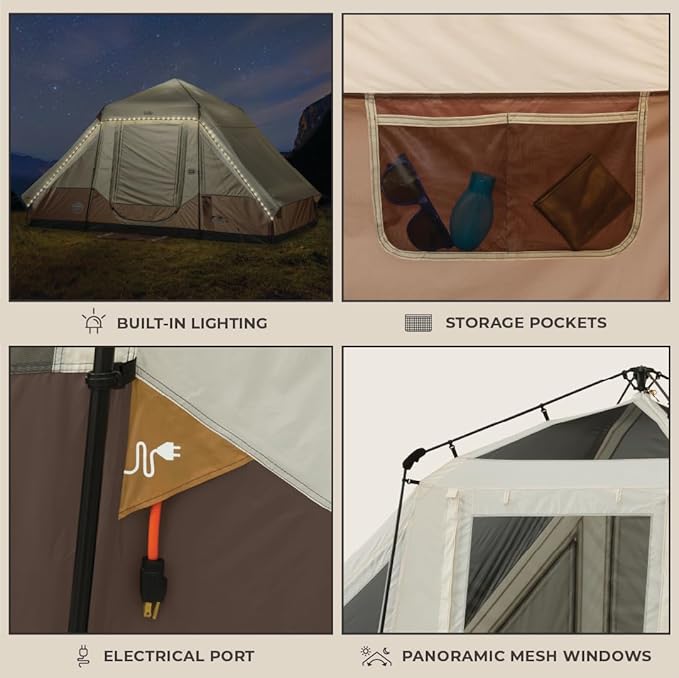 CORE Instant Cabin Tent with LED Lights | Large Family Lighted Pop Up Tent with Carry Bag for Camping Glamping and Backyard Adventures | Included Storage Pockets for Camp Accessories