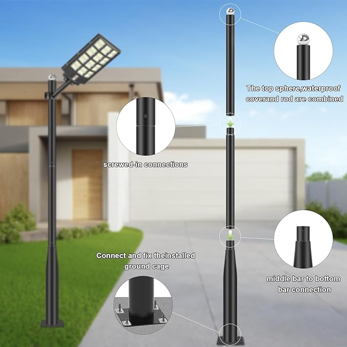 Street Light Pole 10Ft - Black Outdoor Adjustable Metal Solar Street Lamp PostSuitable for Street Courtyard Porch Exterior Patio Flag Lighting Fixtureswith Mounting Rebar Cage Base Accessory