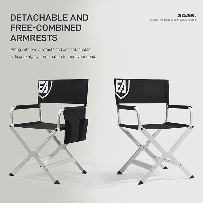 EVER ADVANCED Aluminum Directors Chair Folding Studio Movie Chairs Camping Event Vendor Chair 19 Seat Height Black Fabric/White Frame Support 350lbs