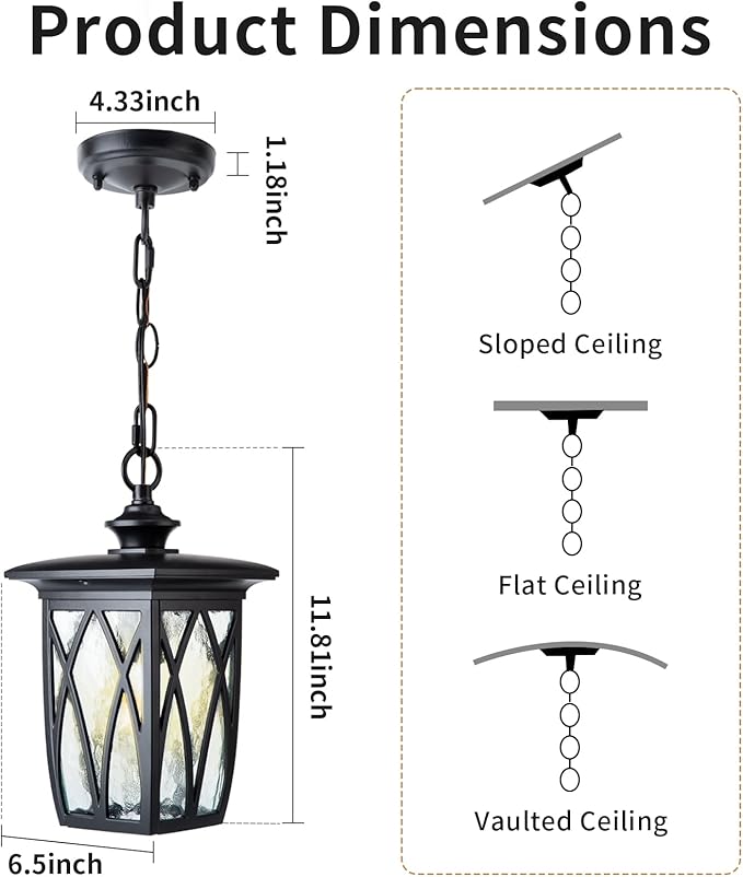 JYZ 2 Pack Outdoor Pendant Light Fixture 12'' Exterior Hanging Lantern Modern Black Metal Outside Chandelier Light Fixture Ceiling Mount with Water Ripple Glass &amp Adjustable Chain for Porch Gaz